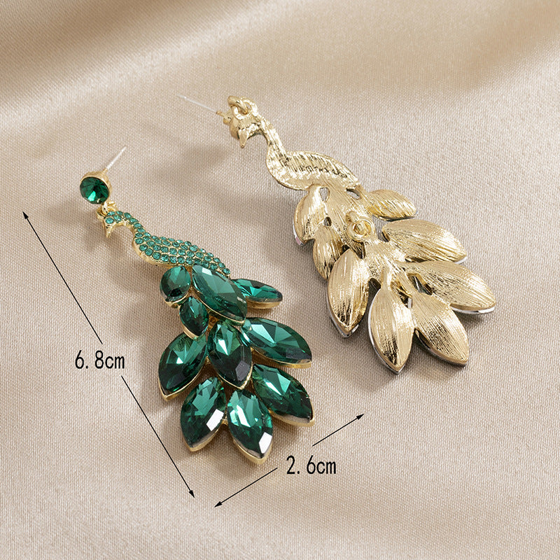 Pendientes de aleación de pavo real exótico de cristal de diamante al por mayor